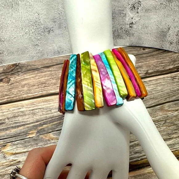 Abalone Shell /Colorful Bracelet -Stretch /Wide Cuff Elastic -Multi-Colors​​​ - Picture 2 of 6